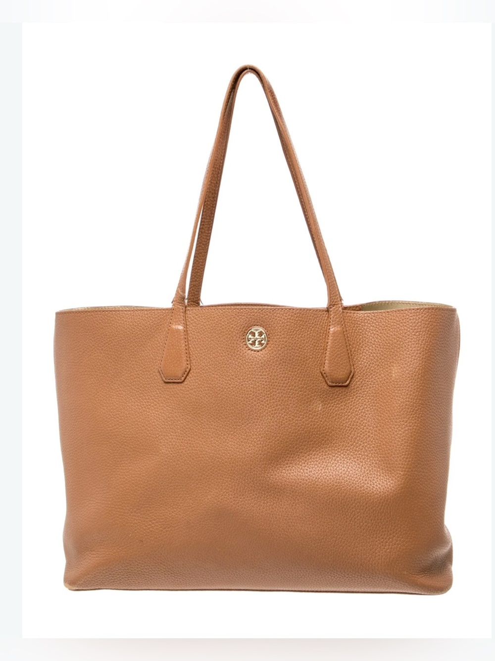 Tory Burch Pebbled Leather Cognac Tote with Gold Logo